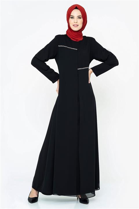 Beyza Kadın Siyah Taşlı Şifon Detaylı Siyah Tesettür Abiye 5035