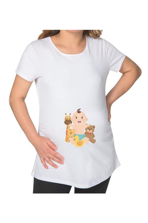 BK Gift Erkek Bebek Ayak Izi Tasarımlı Beyaz Hamile Tişört-3
