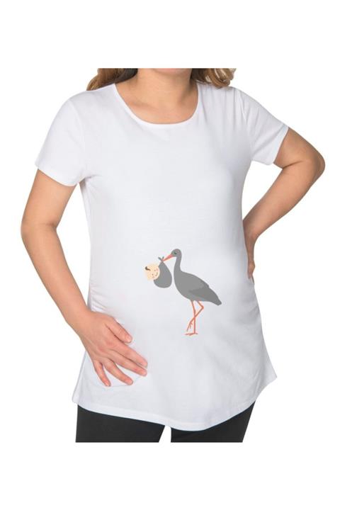 BK Gift Leylek Tasarımlı Beyaz Hamile Tişört-1