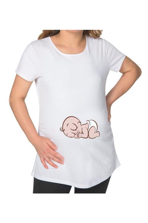 BK Gift Bebek Tasarımlı Beyaz Hamile Tişört-1