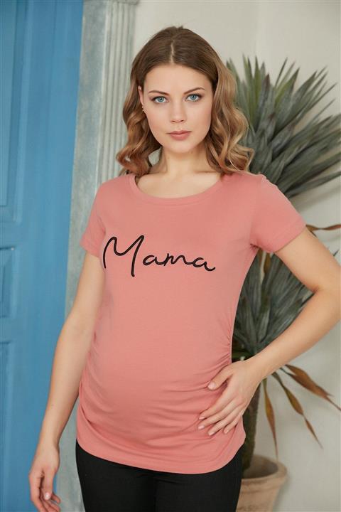 Görsin Hamile Nakış Detaylı Gül Kurusu Hamile Tişört