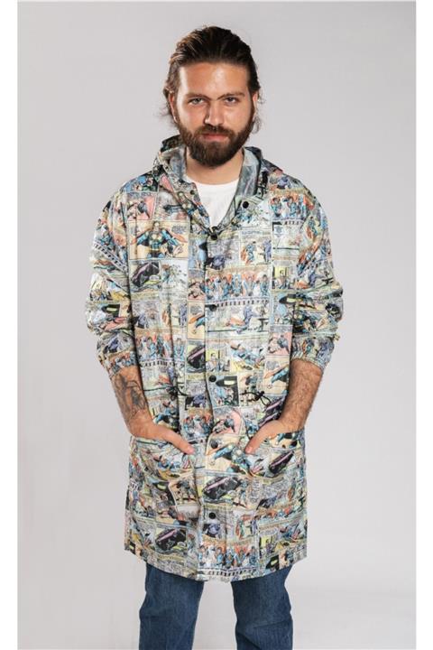 Ugiyo Erkek Beyaz Kapüşonlu Desenli Çıtçıtlı Cepli Su Geçirmez Yağmurluk