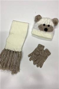 Deafox Kremrengi Peluş Çocuk Atkı Bere Eldiven Seti 3-6 Yaş
