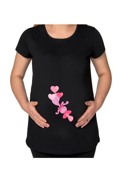 BK Gift Emzik Tasarımlı Siyah Hamile Tişört-1