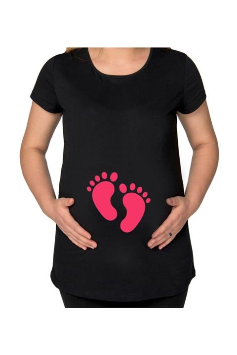 BK Gift Kız Bebek Ayak Izi Tasarımlı Siyah Hamile Tişört-1
