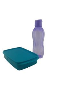 Tupperware Bölmeli Set Beslenme Kabı 1 Lt Turkuaz + Eko Şişe 750 Ml Lila