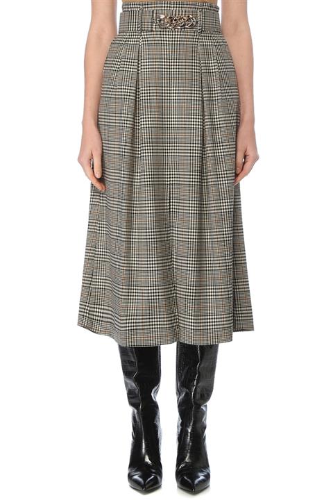 Network Kadın Regular Fit Bej Siyah Ekoseli Pilili Midi Etek 1077195