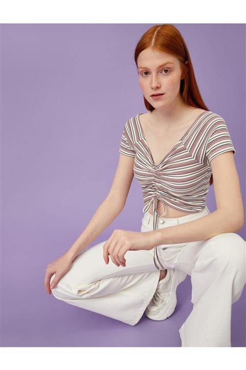 Koton Crop Tisört Büzgülü Çizgili