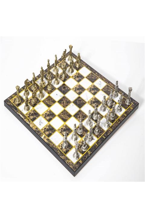 CİMCİME OYUNCAK Lüks Metal Satranç Takımı Krom Kaplama Roma Ordusu & Kehribar Mermer Desenli Tahta