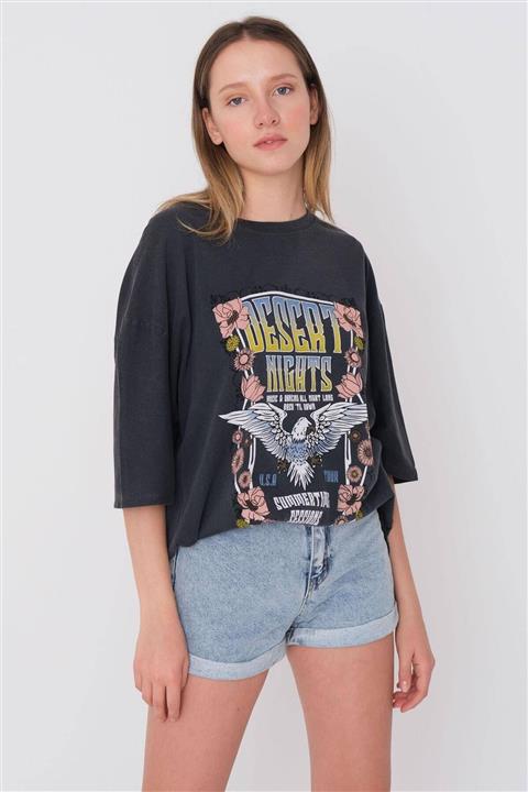 Addax Baskılı Oversize T-shirt P9623 - G8