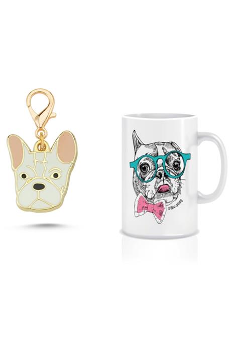 altın pati Frenchie Tasarım Kupa+french Buldog Altın Kaplama Mineli Aksesuar(anahtarlık/künye)