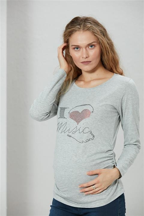 Görsin Hamile Kadın Gri Love Baskılı Hamile Uzun Kol T-Shirt
