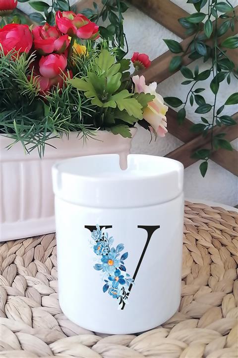 Kreatölye V Harfi Baskılı Beyaz Seramik Kokusuz Küllük Kül Tablası M07