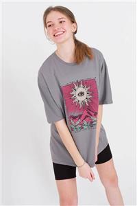 Addax Kadın Gri Baskılı Oversize T-Shirt P9568 - M6 Adx-0000024104