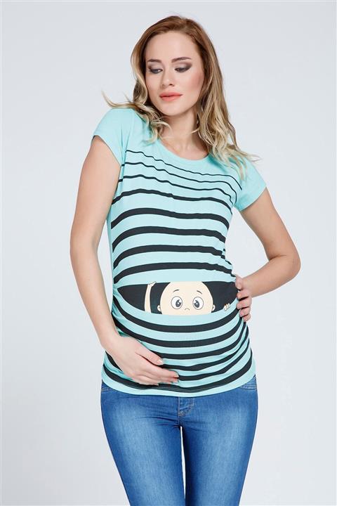 Gör&Sin Pencereden bakan bebek baskılı hamile tişörtü mint