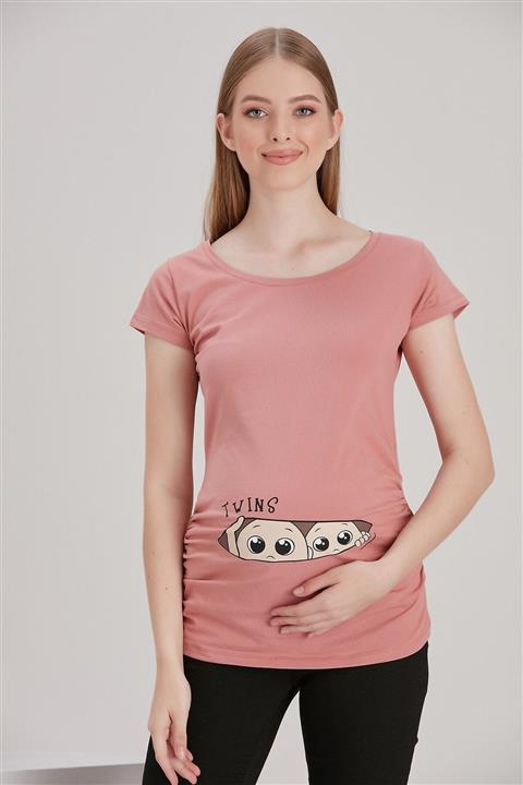 Görsin Hamile İkiz Bebek Baskılı Gül Kurusu Hamile Tişört