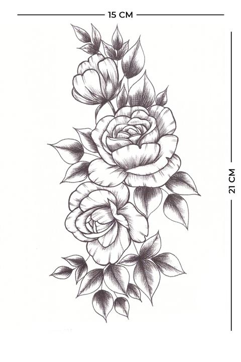 Store&Tattoo Kara Kalem Üçlü Çiçek Geçici Dövme Orta Boy 21x15 Cm