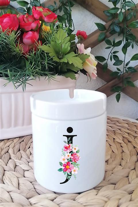 Kreatölye J Harfi Baskılı Beyaz Seramik Kokusuz Küllük Kül Tablası M11