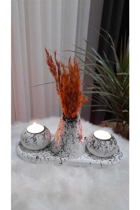 Dudo Baby Siyah Beyaz 2'li Mumluk Çiçekli Vazo Set, Mumluk, Tealight Mumluk