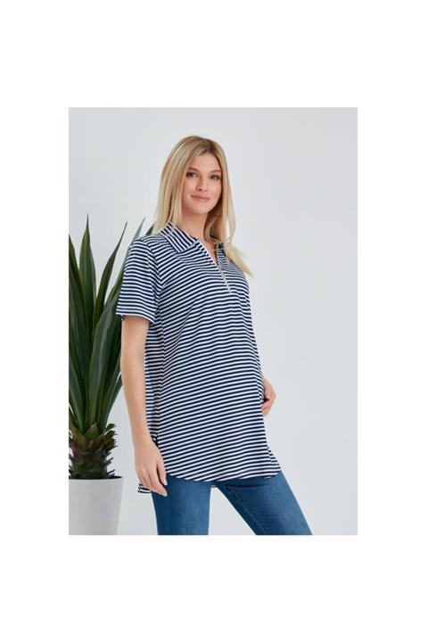 Görsin Hamile Kadın  Çizgili Yakalı Hamile Tshirt