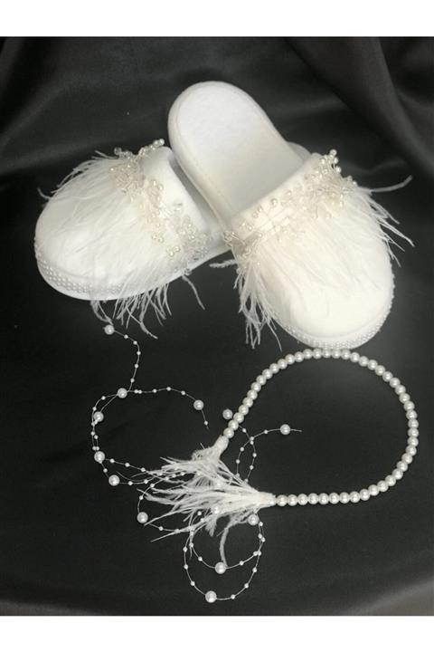 BS ORGANİZASYON Tüylü İncili Lohusa Terlik Taç