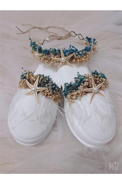 MerHan Party Mavi Beyaz Süslü Lohusa Terlik Taç Seti