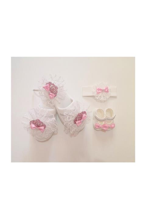 Petite Ponpon Baby Taçlı Lohusa Terlik Seti Pembe Taşlı