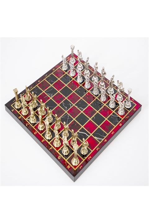 CİMCİME OYUNCAK Lüks Metal Satranç Takımı Krom Kaplama Pegasus Atları & Alev Kırmızı Mermer Desenli Tahta