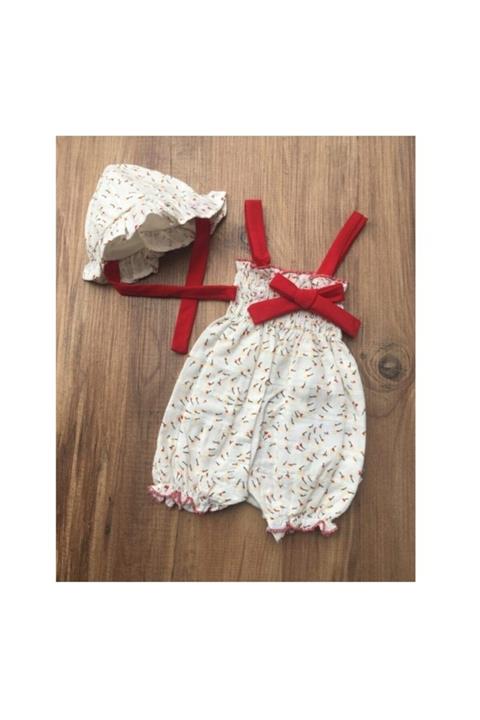 boutique of babies Kız Bebek Kırmızı Fiyonklu Şapkalı Çiçek Salopet