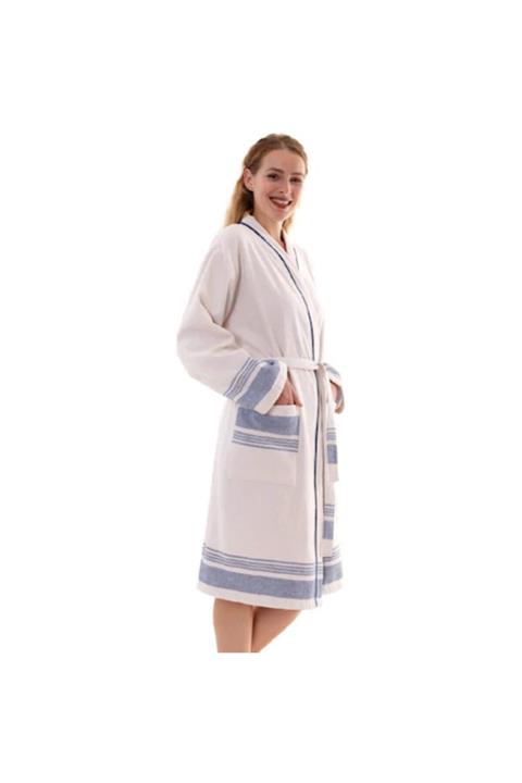 bermeks Kadın Peştemal Bornoz Bej Mavi Renk %100 Pamuk (l Beden)