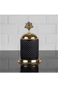 Zeyve Yakut Siyah Kristal Cam Orta Kavanoz Baharatlık Ikramlık Metal Kapaklı 22x13 Cm