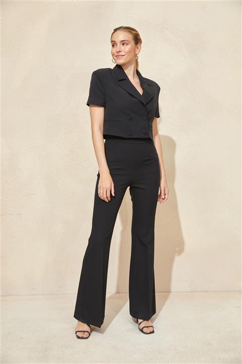 Setre Siyah Crop Ceket Yüksek Bel Pantolon Takım