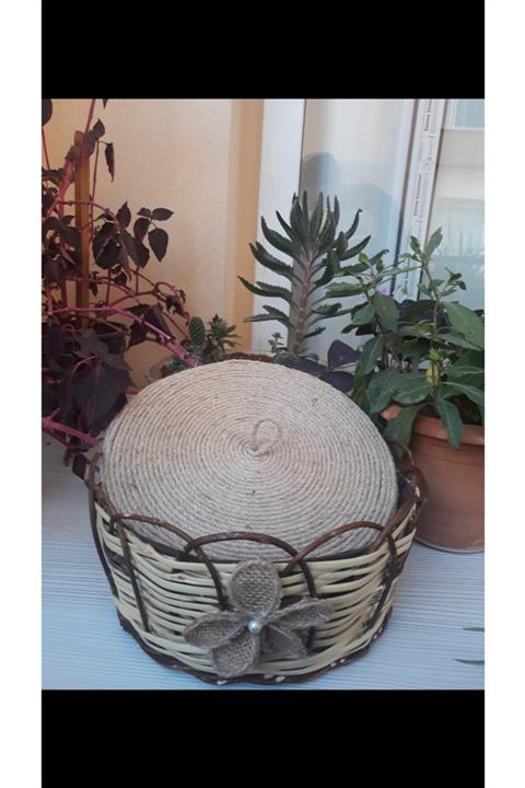 Atölye Alya El İşi Kamıştan Kapaklı Örgü Ekmeklik Meyve Sepeti