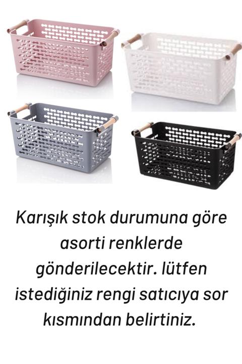 Zift Unique Jetfoni 4 Adet Ahşap Renk Plastik Saplı Organizer Sepet Düzenleyici (PEMBE-BEYAZ)