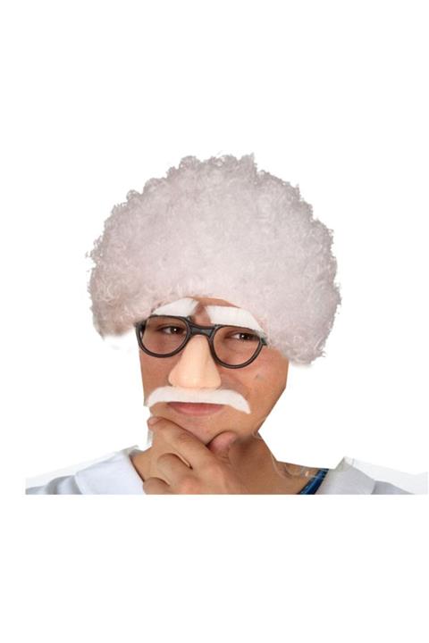 Pi İthalat Çılgın Profesör Beyaz Renk Kıvırcık Afro Peruk Bıyık Ve Kaş Seti