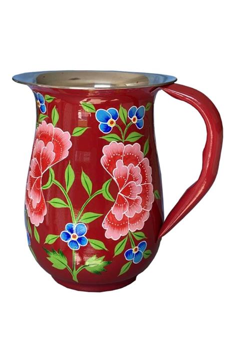 DEDEMİN EMAYELERİ Emaye Sürahi Kırmızı Çiçek