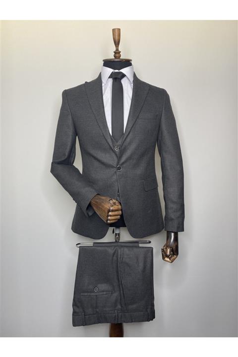 GLIMITED Erkek  Gri Yelekli Takım Elbise