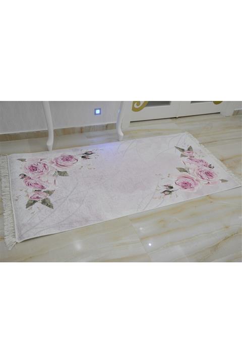 Yarençeyiz Dijital Baskılı Kaymaz Taban Halı Ve Yolluk (köşe Güllü Pembe)