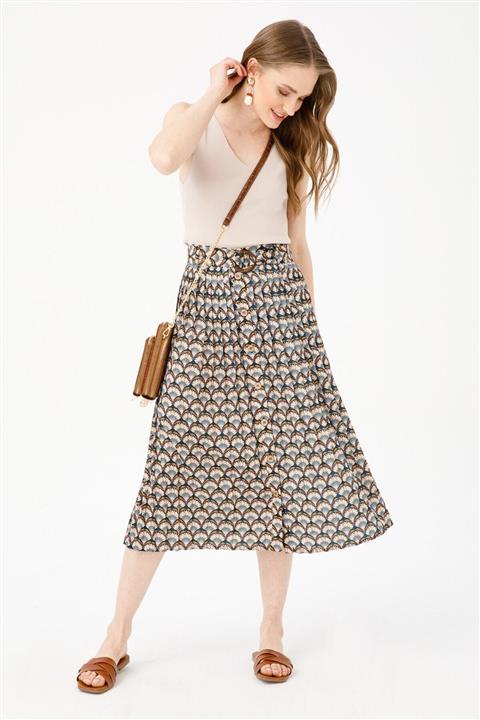 Ekol Kadın Lacivert Desenli Piliseli Etek