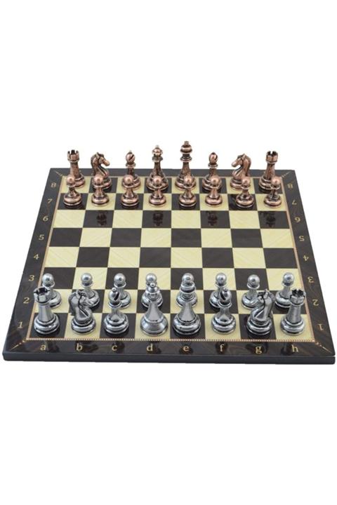 BAKTUĞ Metal Klasik Satranç Takımı Antik Ve Ceviz Desenli Mdf Ahşap Satranç Tahtası