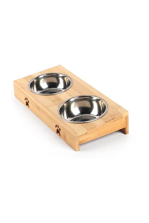 Carno Ahşap Sehpalı Ikili Çelik Mama Kabı