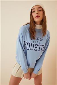 Happiness İst. Kadın Gök Mavi Baskılı Polarlı Sweatshirt  HF00169