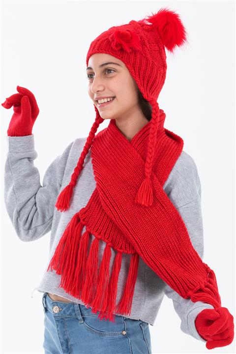 Forum Fashion Kız Çocuk Çift Ponponlu ÇiçekliAtkı Bere Eldiven Takımı