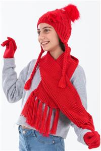 Forum Fashion Kız Çocuk Çift Ponponlu ÇiçekliAtkı Bere Eldiven Takımı