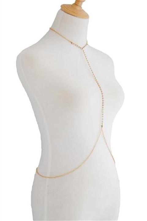 Huban Takı Aksesuar Tekstil Şerit Taşlı Stylish Trend Göğüs, Vücut Zinciri, Vücut Aksesuarı - Gold