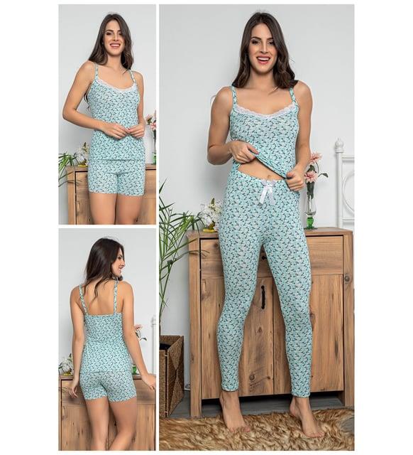 MyBen Kadın Çiçek Desenli Dantel Detaylı Şortlu Ve Taytlı Pijama Takımı 3'lü Set 75013