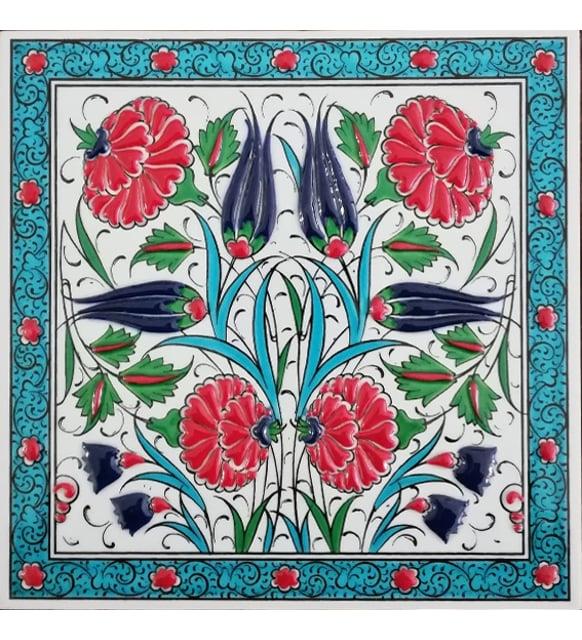 Armada Çini 20x20 Cm Ed 306 Turkuaz Lale Karanfil El Dekoru Çini Pano