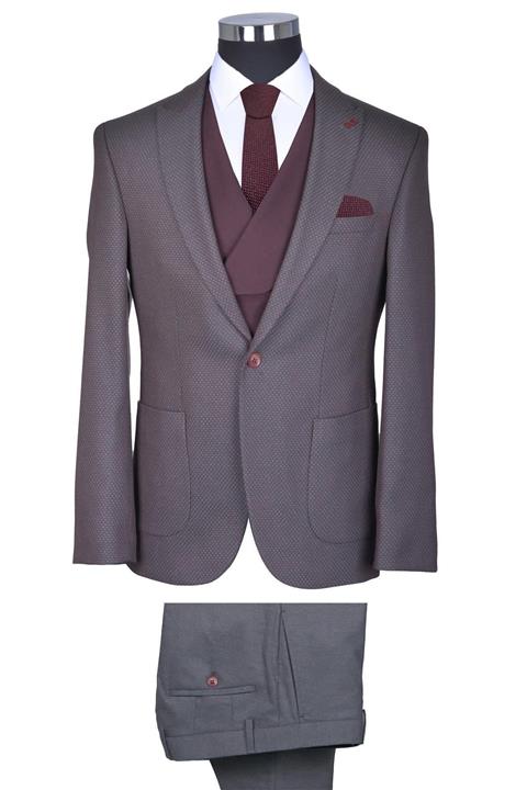 BAGGI Slim Fit Desenli Yelekli Takım Elbise Bordo