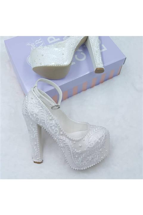 ASLIACAR Kadın Beyaz Topuklu Dantelli Gelinlik Ayakkabısı