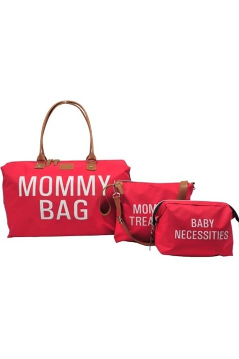 Babysi Mommy Bag Tasarım 3 Lü Set Kırmızı Anne Bebek Bakım Ve Kadın Çantası